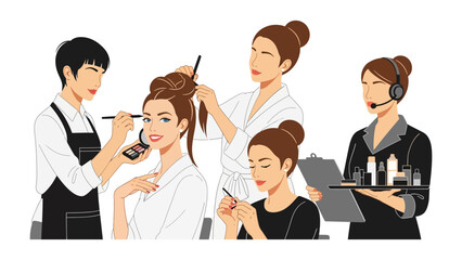 Diverse group of beauty professionals including makeup artists hairstylists and a customer service representative offering cosmetic products and services