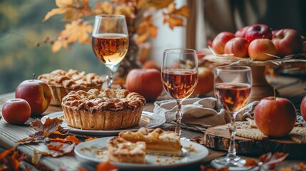 Cozy Autumn Gathering with Pie and Fresh Apples on Wooden Table