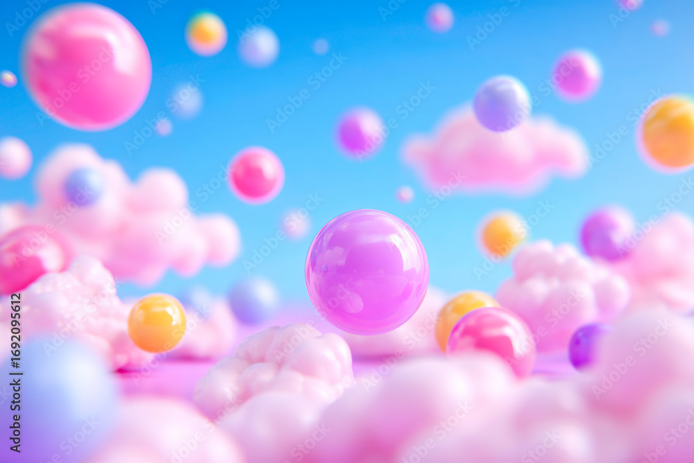 Poster a dreamlike abstract composition with floating colorful spheres and soft clouds on a serene blue bac