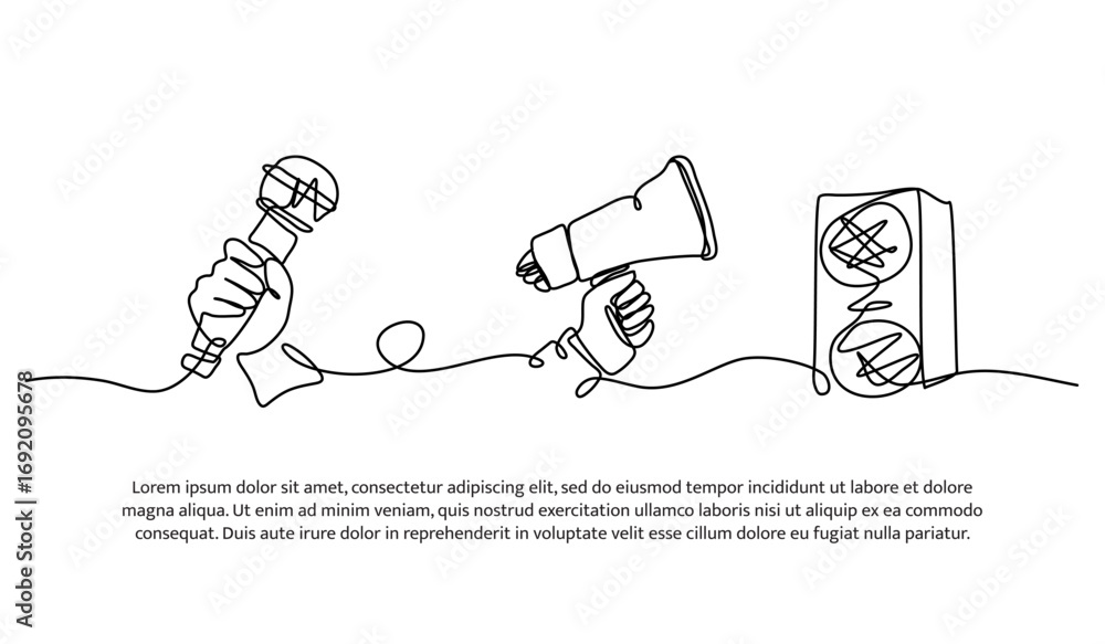 Poster continuous line design of provide information through loudspeaker. single line decorative element dr