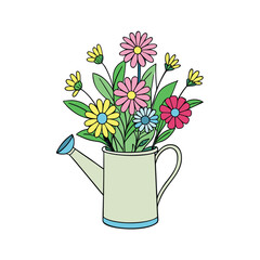 Charming wildflower bouquet artfully arranged in a vintage watering can on a clean white background