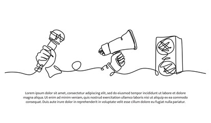 Continuous line design of provide information through loudspeaker. Single line decorative element drawn on white.