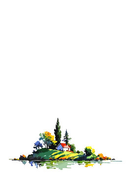 summer islans landscape with cottage and trees decorative ornament with white area for insertion