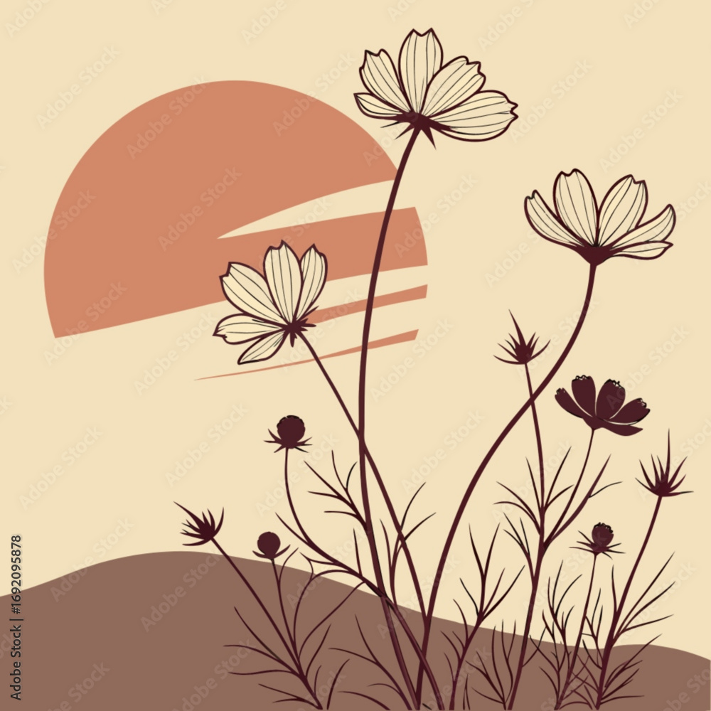 Poster minimilist illustration of cosmos flowers in a field with a setting sun in a minimalist brown color 