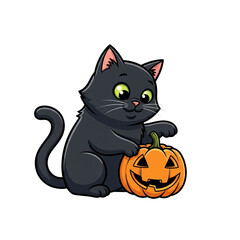 Black cat playing  with Halloween pumpkin