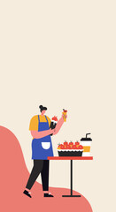 Friendly vendor prepares fresh fruit desserts and drinks at a cafe or market stall. Perfect for small business, food service, and healthy lifestyle concepts.