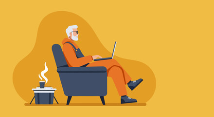 A senior man comfortably uses his laptop from an armchair, enjoying a hot drink. Depicts modern retirement, digital literacy, or remote work.