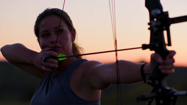Woman aiming with a bow and arrow at sunset
