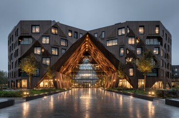 Modern, wood-clad building with geometric facade