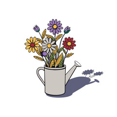 Charming wildflower bouquet artfully arranged in a vintage watering can with subtle shadows for a natural garden ambiance