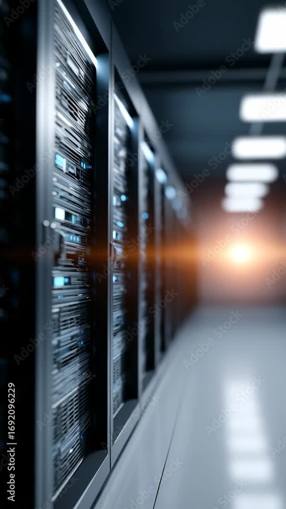 Poster inside a state-of-the-art data center, rows of advanced servers illuminate the dark space with blue 