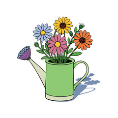 Charming wildflower bouquet artfully arranged in a vintage watering can with subtle realistic shadows for advertising and decorative purposes