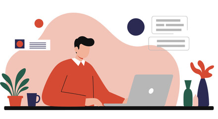 Man working on laptop at a modern desk with plants, ideal for remote work, online business, digital communication, and productive lifestyle concepts.