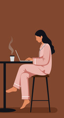 Woman in pajamas working from home on her laptop with a steaming cup of coffee, depicting remote work, comfort, and modern lifestyle balance.