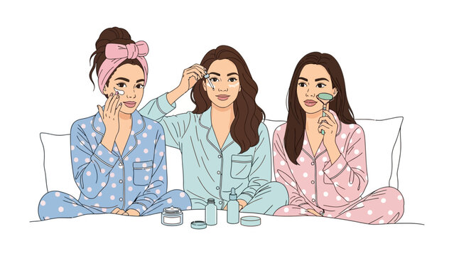 Three young women in pajamas applying skincare products and face masks during a relaxing nighttime beauty routine at home