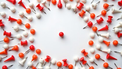 A collection of pins and pin like objects arranged in a circular pattern with a central focus on a set of pins that are larger and more prominent than the others