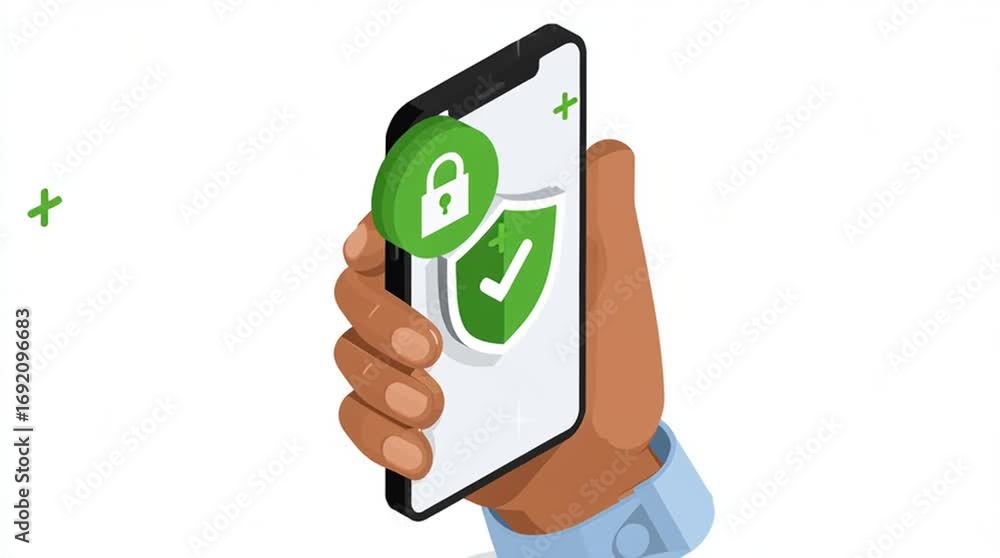 Poster secure phone: a stylized illustration of a hand holding a smartphone, with a secure lock icon and sh