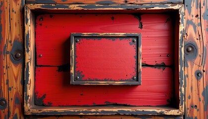 Naklejka premium An old wooden chest with peeling red paint visible on its surface. It has a central panel that appears to be removed, revealing a darker space within