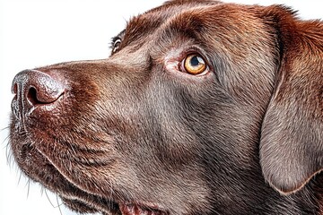 Close-up of a chocolate Labrador's head and neck, looking upward