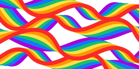 Fototapeta premium Rainbow wavy ribbon design element. LGBTQ Pride month flag. Rainbow color wave background template shape for banner, poster, flyer, brochure, booklet, cover. Vector illustration