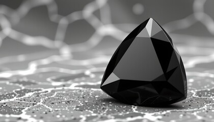 A large, dark colored gemstone resting on a surface that appears to be inlaid with lighter stones or tiles, creating an intricate mosaic effect beneath it