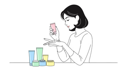 Young woman with short dark hair carefully applying nail polish to her fingernails with a small bottle of polish in her hand