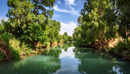 Obraz premium Serene river flowing through lush greenery