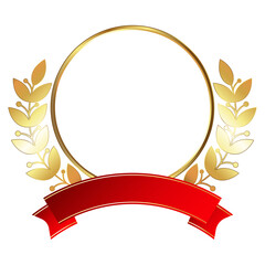Coat of arms with a gold circle, golden laurel branches and a red ribbon