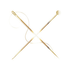 Golden needle with thread and pin, sewing design