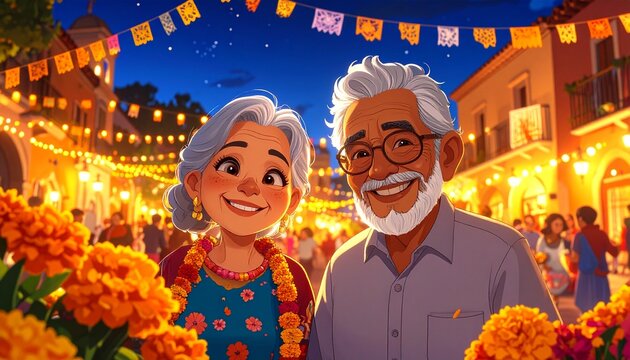 Generated image. Old people in a plaza decorated at night with papel picado and marigolds and catrinas
