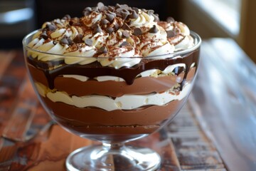 Chocolate trifle with whipped cream and chips. Neural network AI generated
