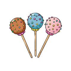 Sweet cake pops with colorful candy coating and sticks on a clean white background