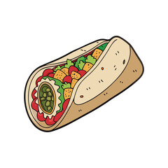 Delicious mexican burrito cut open revealing layers of rice beans meat and fresh vegetables