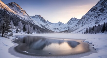 Fototapeta premium Majestic snow covered mountains reflected in a frozen alpine lake.