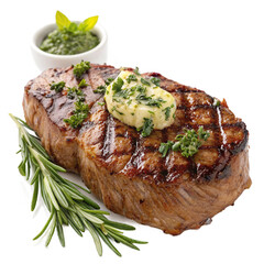 Juicy grilled steak with herbs and garlic butter on transparent background for restaurant branding, menu designs, and BBQ promotions