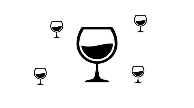 Zoom in and out animation the wineglass symbol. Large black symbol in the center and four small symbols around. Seamless looped 4k animation on white background