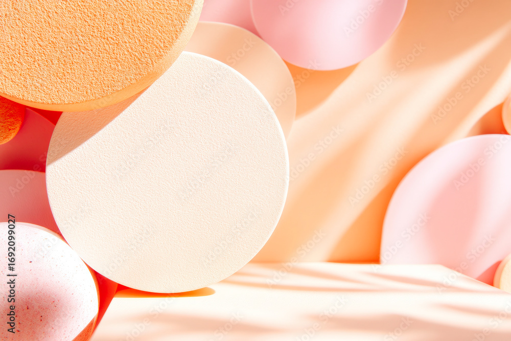 Poster an elegant and minimalist abstract composition of floating beige paper circles