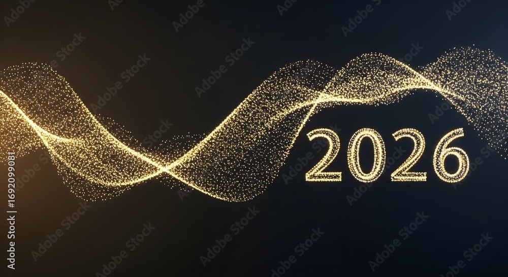 Aufkleber golden glowing particle wave with 2026 text on dark background for new year and future concepts
