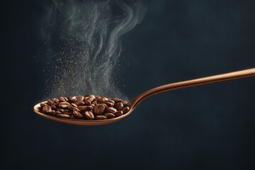 Copper Spoon Filled with Coffee Beans with Steam and Floating Particles in Dark Background