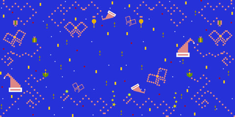 Geometric background of colorful pixel-art, gift box, santa hat and pink bow. Decoration, modern, merry, design, circle, bold, abstract concept for wrap paper, wallpaper, texture, Christmas background