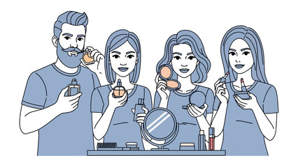 Diverse group of people including a man and three women applying makeup and skincare products together in a fun collaborative beauty session