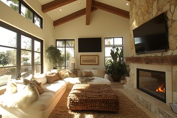 Luxury Beige Sectional Sofa Living Room with Stone Fireplace
