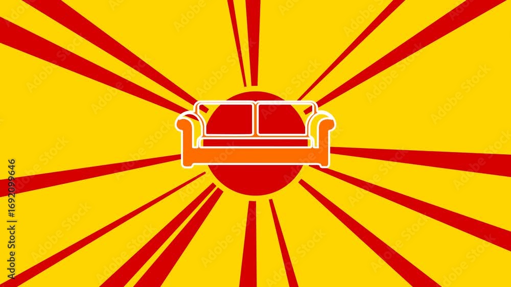 Poster sofa icon on the background of animation from moving rays of the sun. movement symbolizes the dawn o