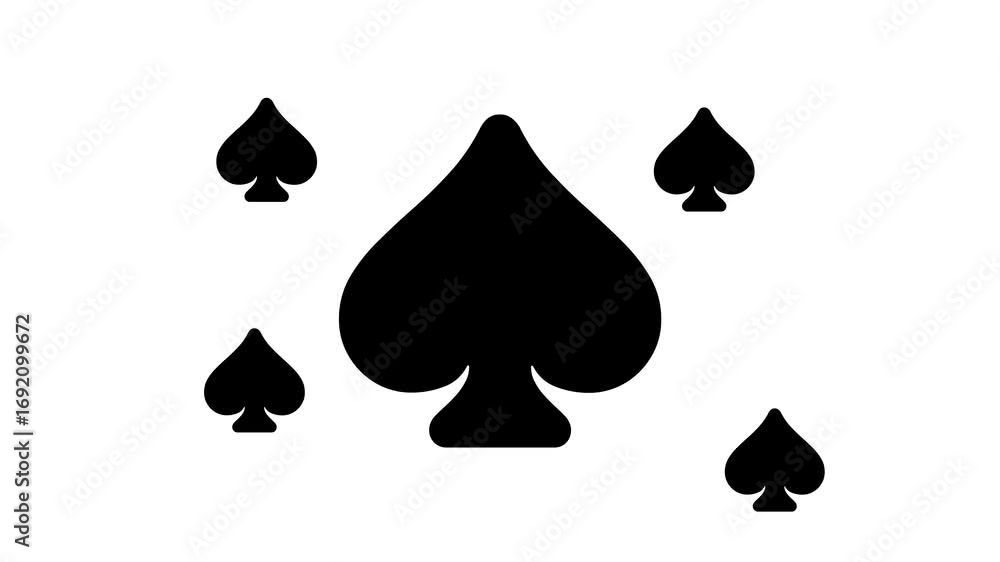 Poster Zoom in and out animation the spade symbol. Large black symbol in the center and four small symbols around. Seamless looped 4k animation on white background