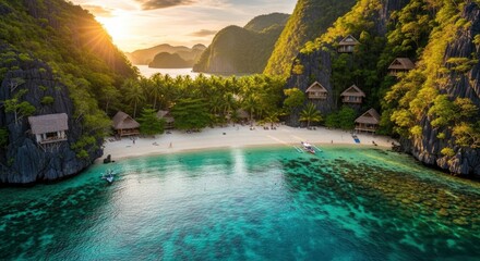 Breathtaking aerial view of a secluded tropical paradise beach at sunset, with turquoise waters, white sand, lush cliffs, and charming bungalows nestled amidst palm trees in El Nido, Palawan.