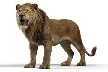 Obraz premium Full shot of a lion, standing alert, mouth open