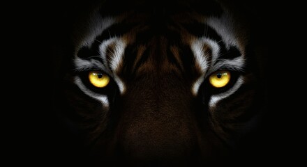 Tigers Glowing Eyes in the Dark Night.