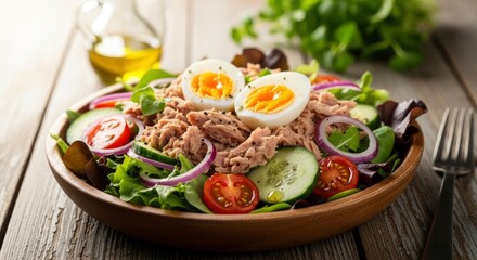 Freshly prepared tuna salad featuring flaked tuna, sliced hard-boiled eggs, crisp lettuce, juicy tomatoes, cool cucumbers, and vibrant red onions, perfect for a healthy meal.