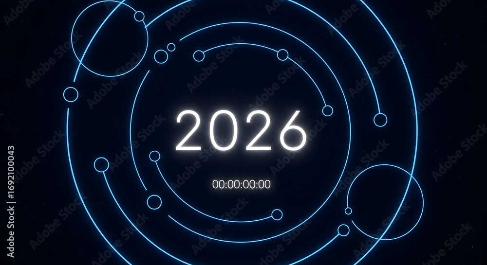 Poster year 2026 with futuristic digital countdown timer and abstract neon lines on dark background