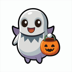 Obraz premium Cute Ghost with Pumpkin Basket Adorable Halloween Character